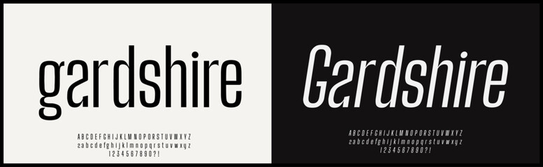 condensed sans serif vector font. Simple, modern, and minimalist typography. Alphabet with uppercase, lowercase and number, regular and italic style.