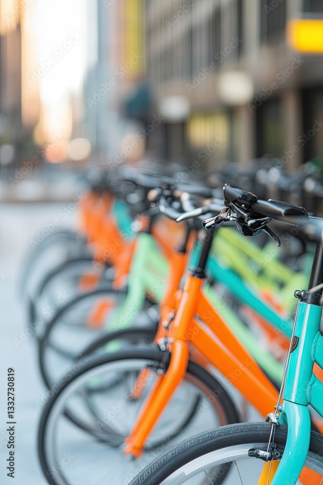 Poster clean and modern bike-sharing station in city square with rows of colorful bicycles neatly arranged