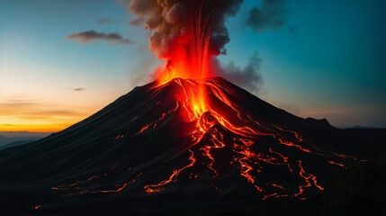 Dramatic volcanic eruption with fiery lava and moody clouds at dusk, Websites, Blogs, and Educational Materials, nature catastrophe