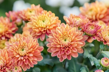 Vibrant and Colorful Chrysanthemum Flowers in Full Bloom Showcasing Rich Textures and Various Shades of Orange and Pink in a Lush Garden Setting