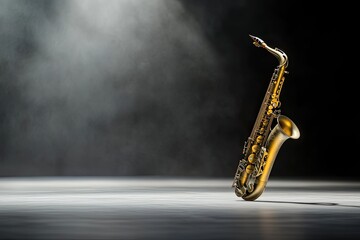Naklejka premium close-up of smooth saxophone under spotlight on empty stage with soft lighting and ample copy space
