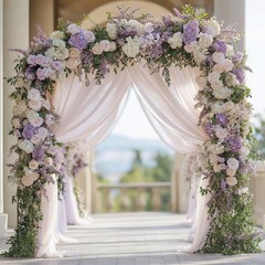 Elegant Rustic Wedding Arch with Purple and White Floral Decor at a Beautiful Outdoor Venue