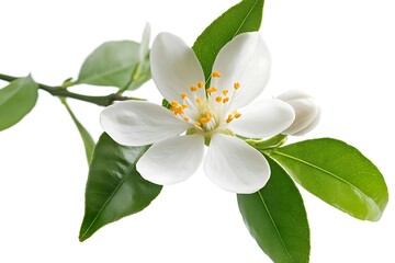Fototapeta premium Orange blossom flower with green leaves on a branch, isolated on a white background. Detailed close-up with crisp focus and natural texture. Perfect for botanical and nature themes.