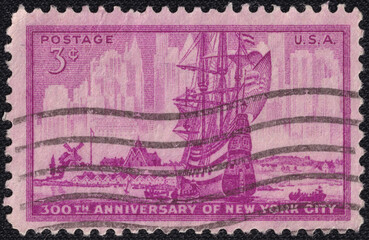 U.S. postage stamp issued in 1953 for the 300th anniversary of New York City (1653-1953). Features a Dutch settlement, a sailing ship, and modern skyscrapers, symbolizing the city's growth.