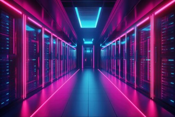 Fototapeta premium The interior of a large modern server room in a futuristic neon light. Cloud data storage or data center