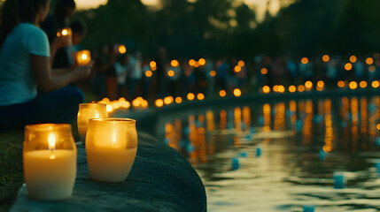 Candles glow softly near a calm lake at dusk, as a blurred crowd holds similar lights in the background. A peaceful, serene atmosphere.