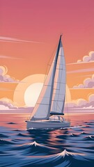 Fototapeta premium Sailboat Gliding on the Ocean at Sunset with Vibrant Sky