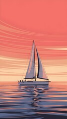 Fototapeta premium Sailboat Gliding on a Reflective Ocean During Vibrant Sunset. vector illustration
