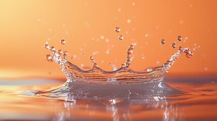 Close-up shot of a water droplet splashing into a pool of water, creating a beautiful crown-like splash against a warm orange background.  The image evokes a sense of purity and fluidity.