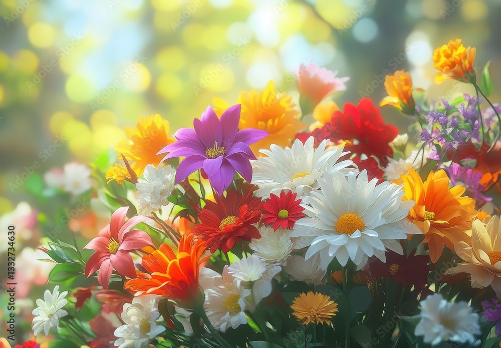 Poster vibrant and colorful flower arrangement in soft light with bokeh background for spring and nature th