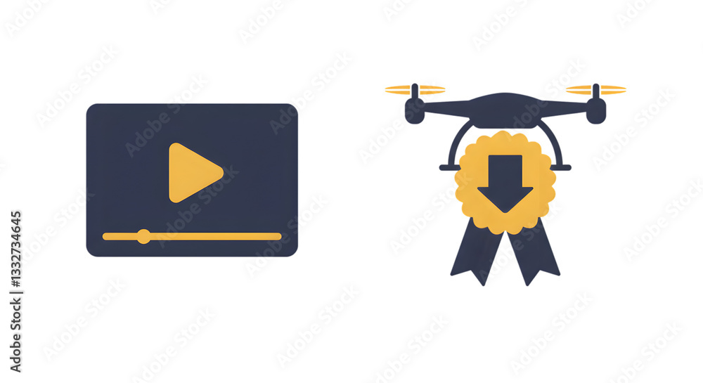 Aufkleber minimalist icons video player with play button and drone with downward arrow