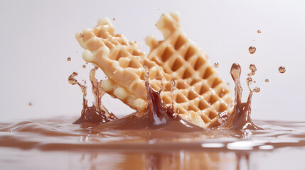 A waffle is in the middle of a splash of chocolate. The waffle is half eaten and the chocolate is splashing around it