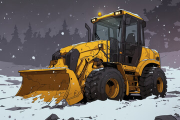 A yellow tractor is plowing through the snow