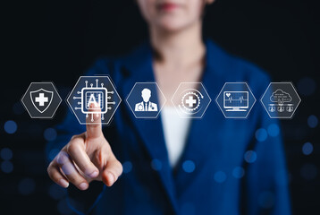 AI driven healthcare and medical technology concept. virtual interface AI-powered health care icons, symbolizing artificial intelligence in medical diagnosis, patient monitoring, and health innovation
