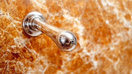 Metal dumbbell resting on textured, warm marble surface, fitness theme, workout accessory, contemporary lifestyle setting.