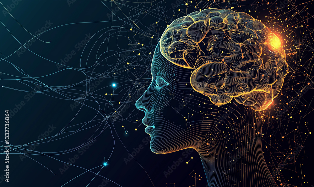 Poster digital brain with neural connections glowing