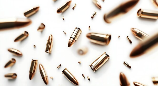 Photorealistic top view of bullets falling on a white background, showcasing dynamic motion and contrast between metallic surfaces and the clean backdrop.