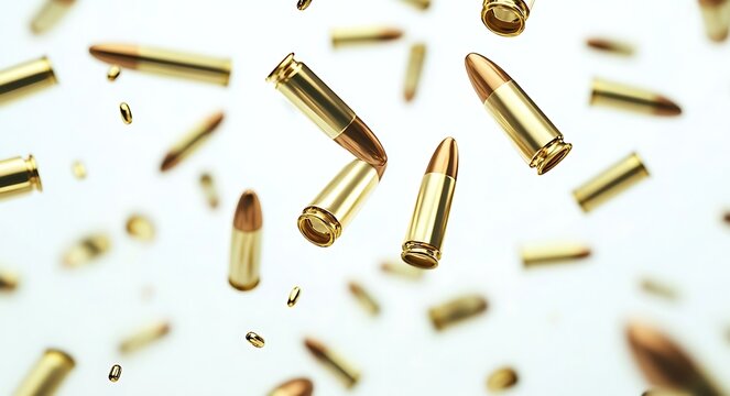 Photorealistic top view of bullets falling on a white background, showcasing dynamic motion and contrast between metallic surfaces and the clean backdrop.
