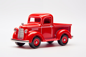 A vintage red toy pickup truck positioned on a clean white background, showcasing fine craftsmanship and playful nostalgia.