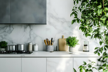 A chic and sophisticated kitchen setting with a white marble countertop, neatly arranged cooking tools, and a lush green plant that adds a refreshing touch. 40k, , high resolution