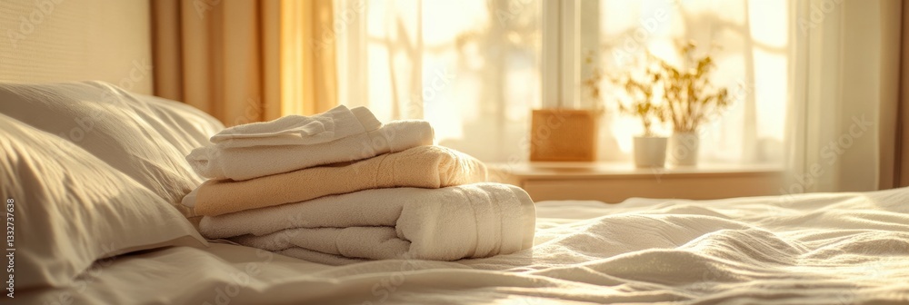 Aufkleber cozy bedroom with freshly washed towels and bed linens creating a warm and inviting atmosphere in so