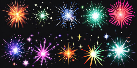 Fototapeta premium Vibrant fireworks display with colorful bursts and star patterns on black background
