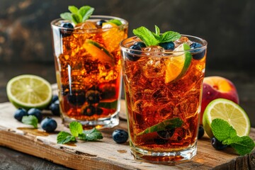 Refreshing peach iced tea with mint and blueberries in a rustic glass adorned with fresh fruits