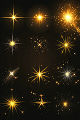 Fototapeta premium Glowing gold light bursts on black background