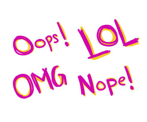 Hand-drawn pink and yellow textured words, Oops, LOL, OMG, Nope, expressive lettering design on transparent background for fun, quirky, and modern graphic projects.