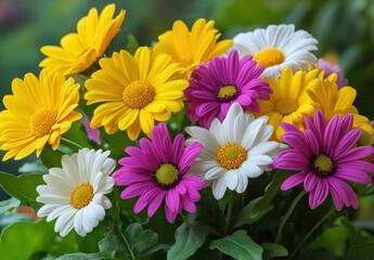 Vibrant Arrangement of Colorful Flower Blossoms with Yellow, White, and Pink Petals Displaying Nature's Beauty in a Lush Green Setting