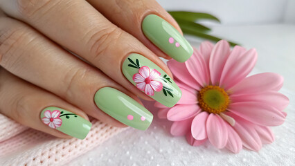 pastel green nails with delicate pink flower nail art design.