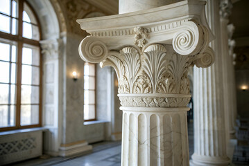 Obraz premium Elegant Corinthian Column with Intricate Carvings and Sunlight Streaming Through Windows in Historic Architecture Interior Space