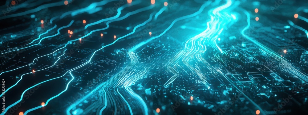 Poster futuristic digital circuit background with glowing lines and nodes