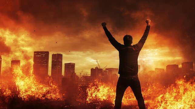 Male standing in front of burning city skyline at sunset