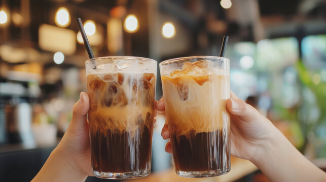 Ice coffee in tall glass with cream in people hands. Set with different types of Cold Brew coffee drinks on blurred cafe background.