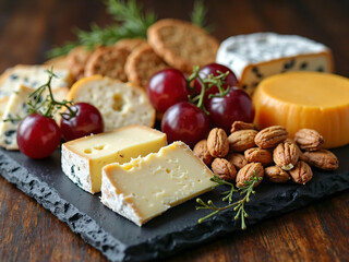 Gourmet cheese board featuring a variety of cheeses
