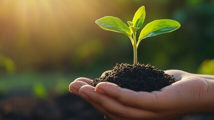 Hand holding small plant, close-up of green seedling in soil, symbolizes growth and sustainability, natural light background.