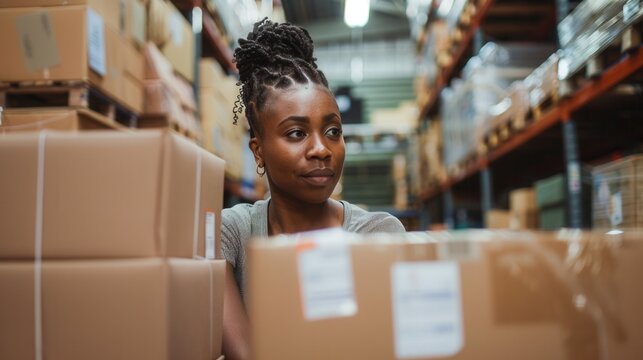 Successful business woman managing custom ecommerce packaging solutions in a warehouse Generative AI