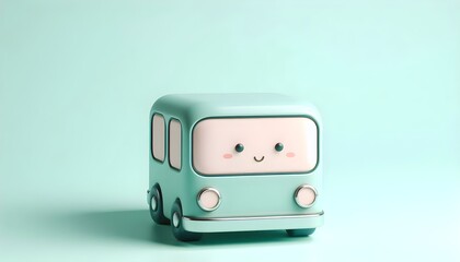 Fototapeta premium Simple 3D bus with soft pastel mint green background and glossy rounded frame in playful charming design