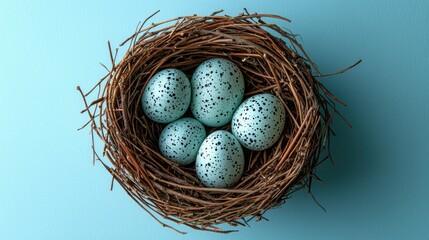 Obraz premium Serene Springtime: Pastel Blue Speckled Eggs in a Bird's Nest