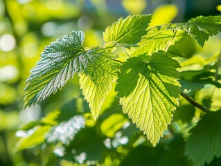 Fresh Green Leaves with Sunlight and Soft Bokeh Background
