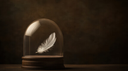 A glass dome resting on a vintage wooden pedestal, containing a single white feather floating in mid-air, as if caught in an unseen force