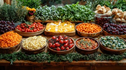 Fototapeta premium Vibrant Buffet of Fresh Produce and Appetizers