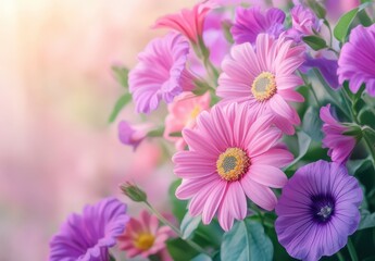 Vibrant Arrangement of Pink and Purple Flowers in a Softly Blurred Background Capturing the Beauty of Nature's Floral Diversity
