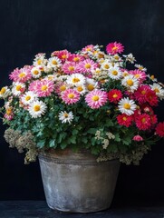 Vibrant Arrangement of Pink and White Daisies and Flowers in a Rustic Pot Against a Dark Background for Floral Decor and Gardening Inspiration