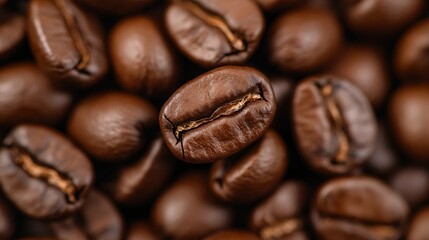 Fototapeta premium Coffee beans, dark roasted aromatic coffee beans scattered in a close-up view, perfect for coffee-related themes.