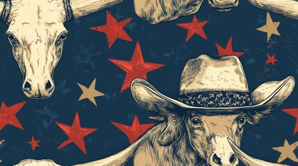 Realistic seamless pattern featuring iconic Texas elements, including cow skulls, a cowboy hat, and stars on a vintage background