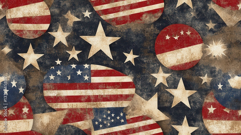 Poster seamless pattern of iconic usa elements featuring stars and stripes in a realistic low-resolution de