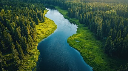 Aerial view of a beautiful river winding through an American National Forest - Image 1 of 12 - 5824 x 3264 19MP - created by AI