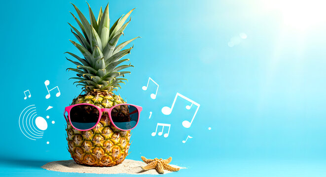Tropical Vibe: A sun-kissed pineapple wearing stylish sunglasses on a sandy beach with music notes